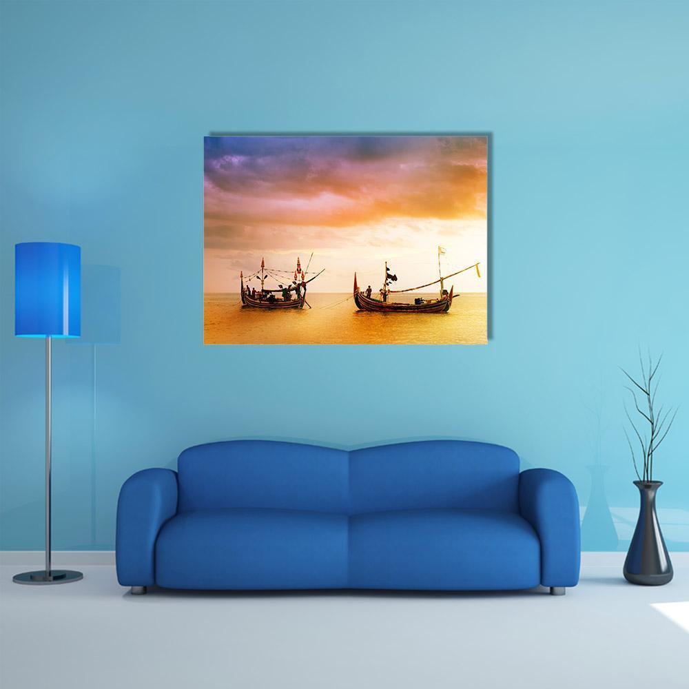 Fishing Boats On Beach Canvas Wall Art-1 Piece-Gallery Wrap-48" x 32"-Tiaracle