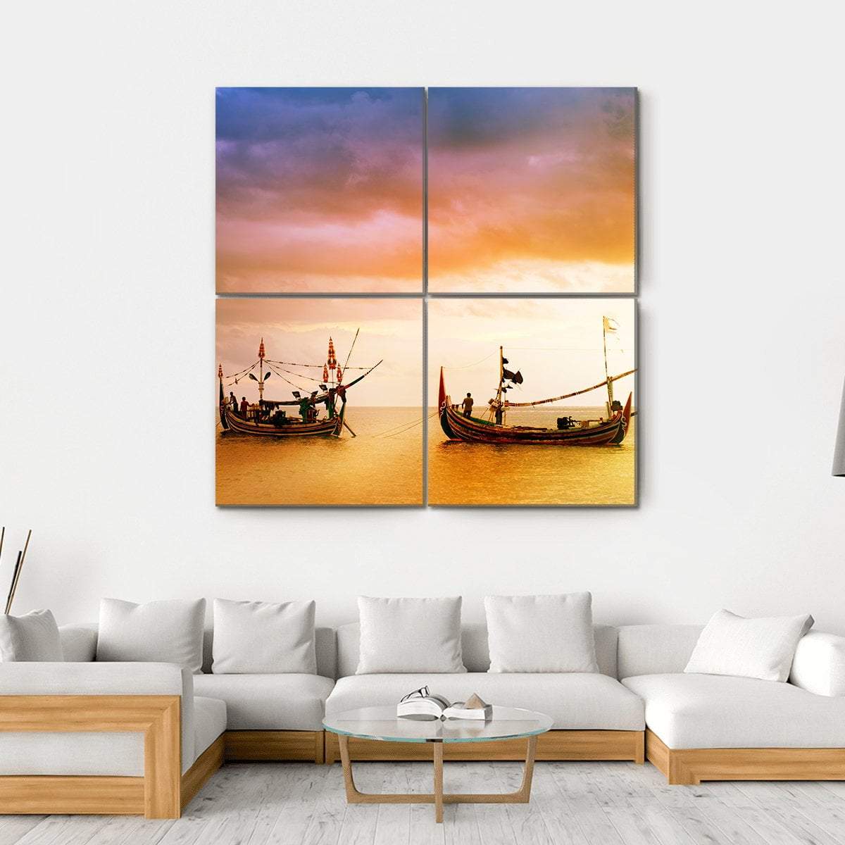 Fishing Boats On Beach Canvas Wall Art-4 Square-Gallery Wrap-17" x 17"-Tiaracle
