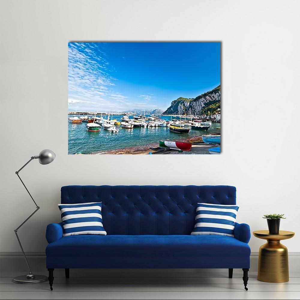 Fishing Boats on Capri Canvas Wall Art in white, green and blue, single panel hung on a wall