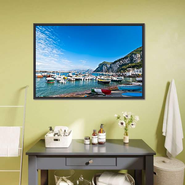 Fishing Boats On Capri Island Canvas Wall Art-1 Piece-Floating Frame-24" x 16"-Tiaracle