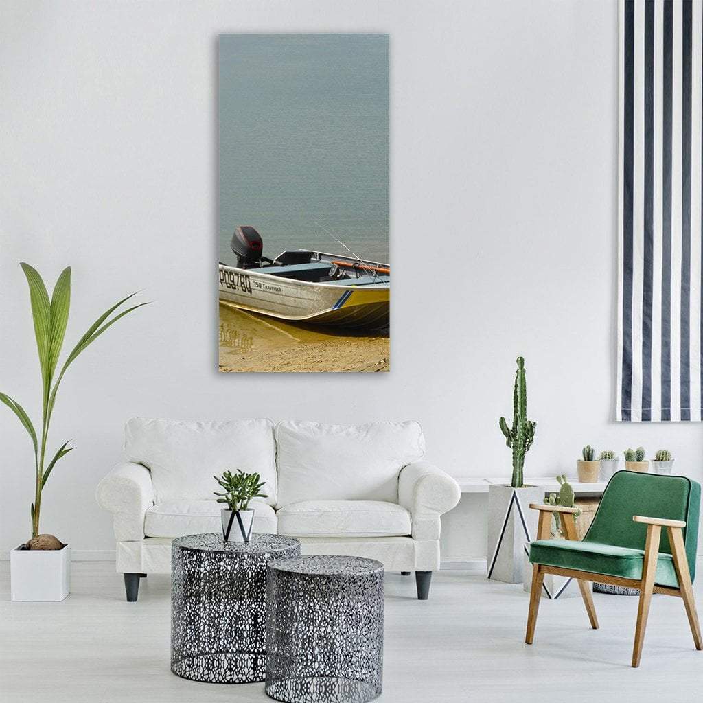 Fishing Boat 350 Traveller on Sandy Shore Vertical Canvas Wall Art in gray, beige and blue, single vertical panel hung on a wall