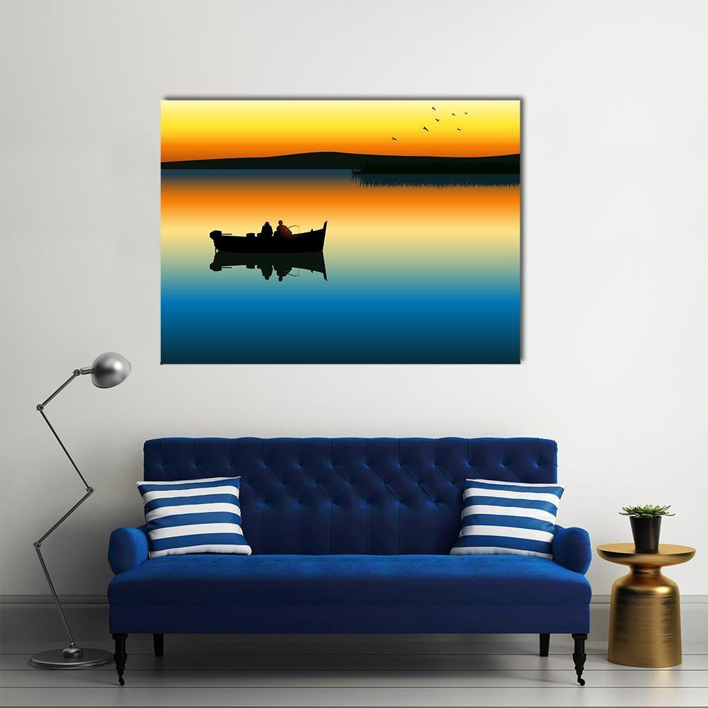 Fishing On Tranquil Lake Canvas Wall Art-1 Piece-Gallery Wrap-48" x 32"-Tiaracle