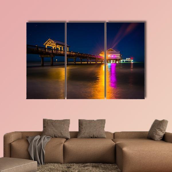 Fishing Pier At Night Canvas Wall Art-3 Horizontal-Gallery Wrap-37" x 24"-Tiaracle