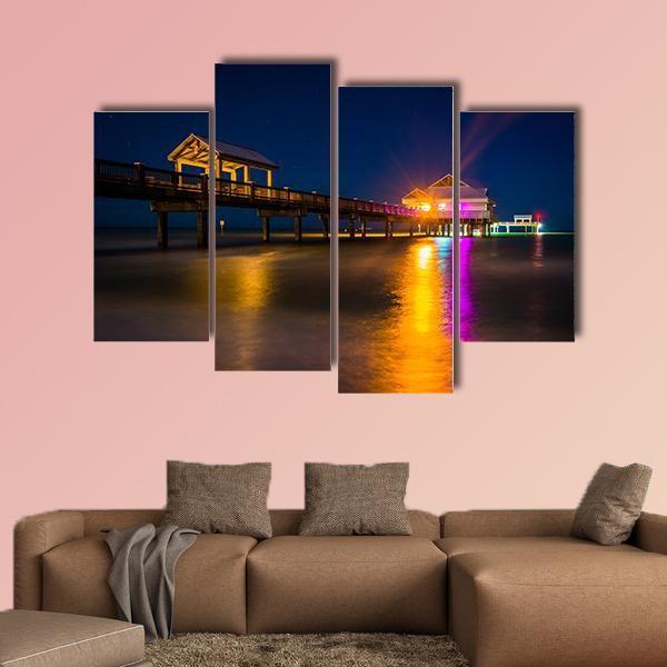 Fishing Pier At Night Canvas Wall Art-4 Pop-Gallery Wrap-50" x 32"-Tiaracle