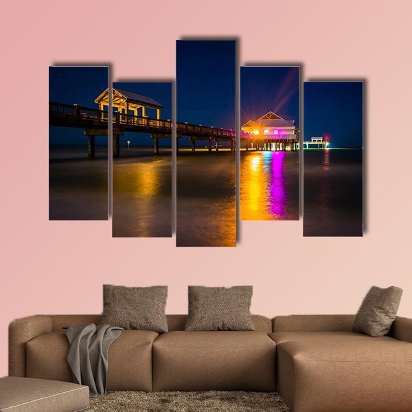 Fishing Pier At Night Canvas Wall Art-5 Pop-Gallery Wrap-47" x 32"-Tiaracle