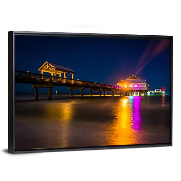 Fishing Pier At Night Canvas Wall Art-3 Horizontal-Gallery Wrap-25" x 16"-Tiaracle