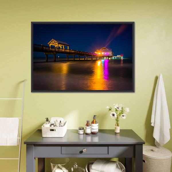 Fishing Pier At Night Canvas Wall Art-1 Piece-Floating Frame-24" x 16"-Tiaracle