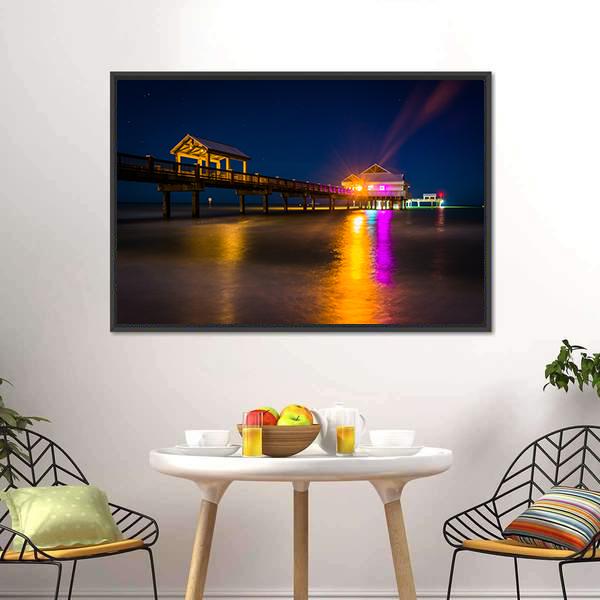 Fishing Pier At Night Canvas Wall Art-3 Horizontal-Gallery Wrap-25" x 16"-Tiaracle