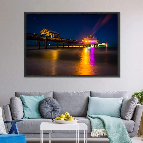 Fishing Pier At Night Canvas Wall Art-3 Horizontal-Gallery Wrap-25" x 16"-Tiaracle