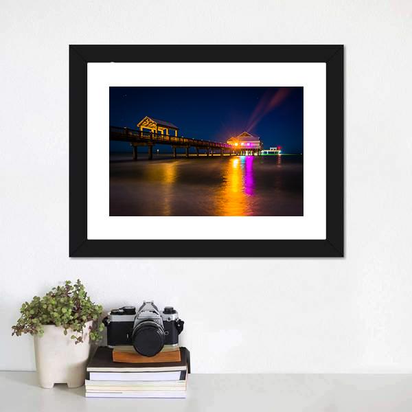 Fishing Pier At Night Canvas Wall Art-1 Piece-Framed Print-20" x 16"-Tiaracle