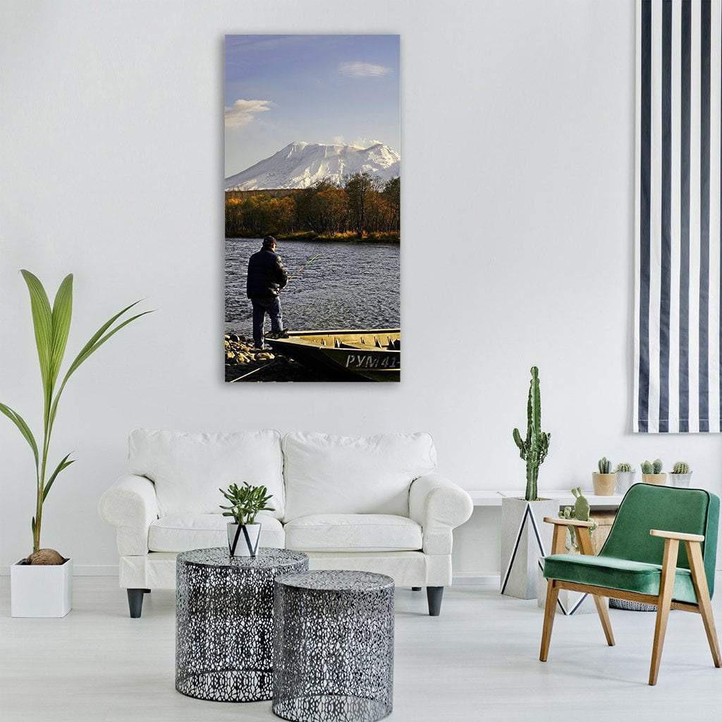 Man Fishing on Russian River Vertical Canvas Wall Art in white, gray and blue, hung on a wall