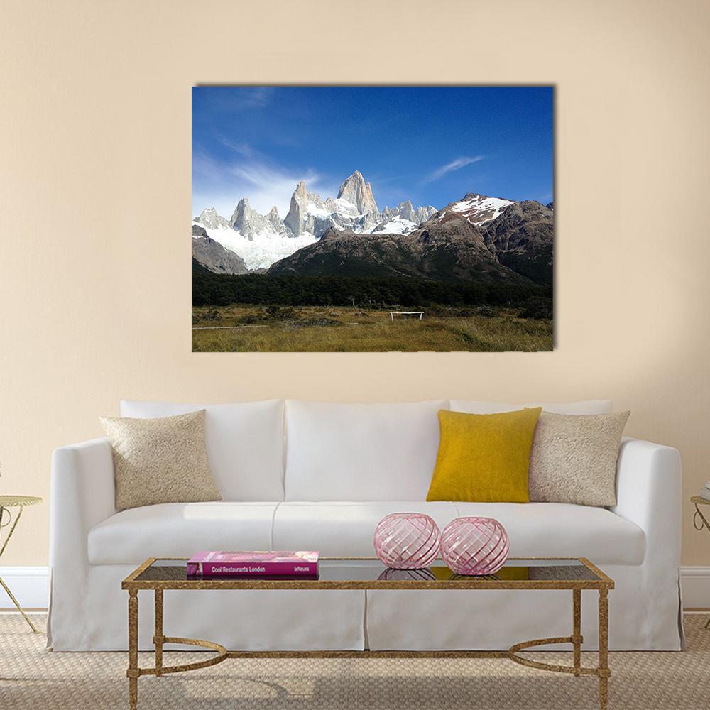 Fitz Roy Under Blue Sky Canvas Wall Art-1 Piece-Gallery Wrap-48" x 32"-Tiaracle