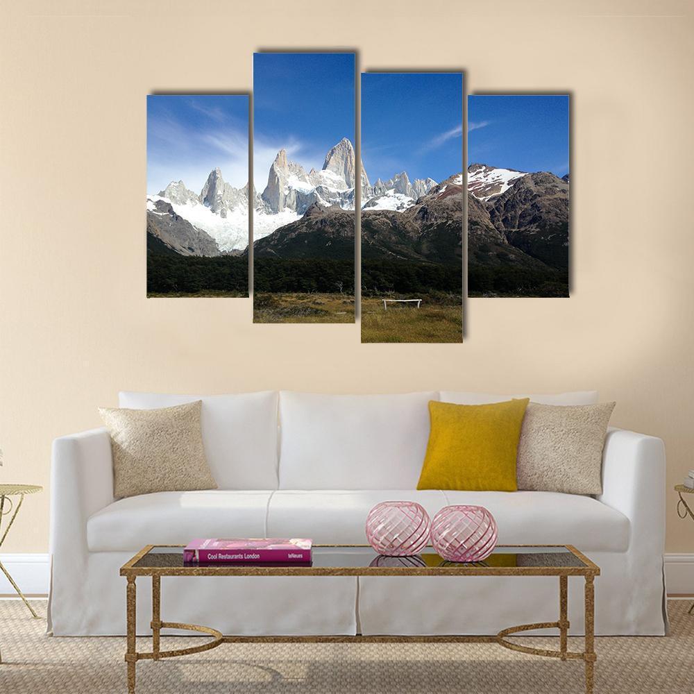 Fitz Roy Under Blue Sky Canvas Wall Art-4 Pop-Gallery Wrap-50" x 32"-Tiaracle