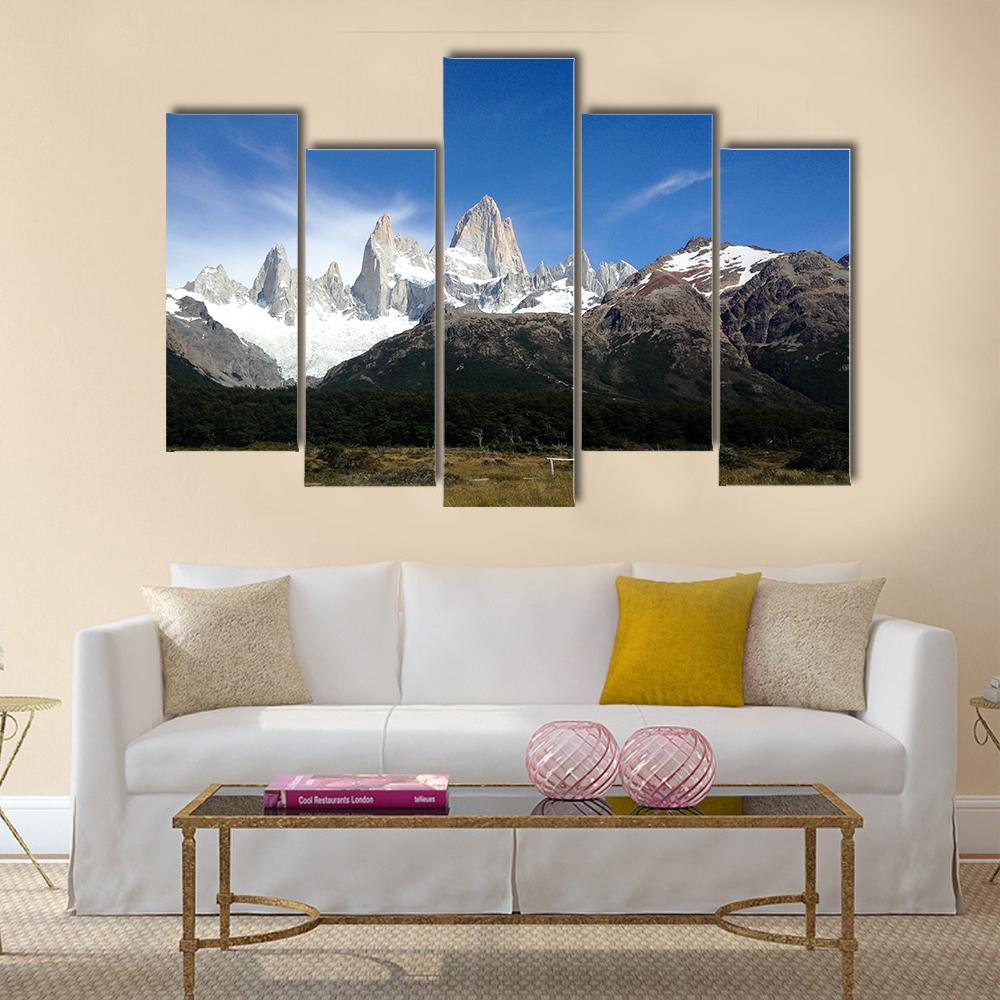 Fitz Roy Under Blue Sky Canvas Wall Art-5 Pop-Gallery Wrap-47" x 32"-Tiaracle