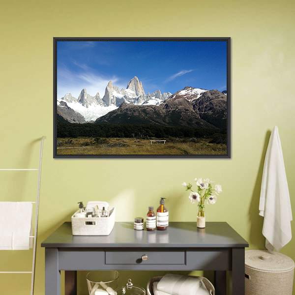 Fitz Roy Under Blue Sky Canvas Wall Art-1 Piece-Floating Frame-24" x 16"-Tiaracle
