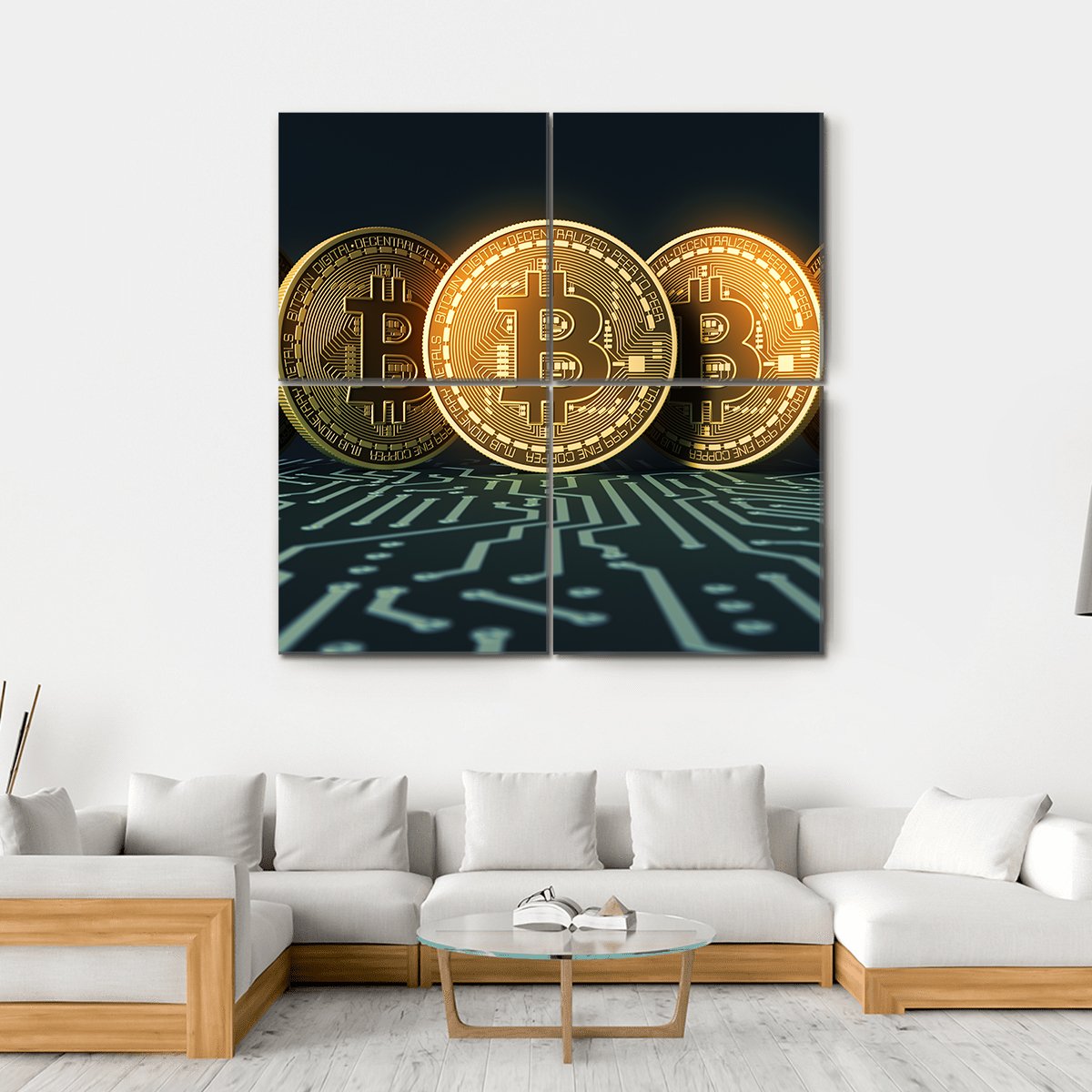 Golden Physical BTC Coins Canvas Wall Art-4 Square-Gallery Wrap-17" x 17"-Tiaracle