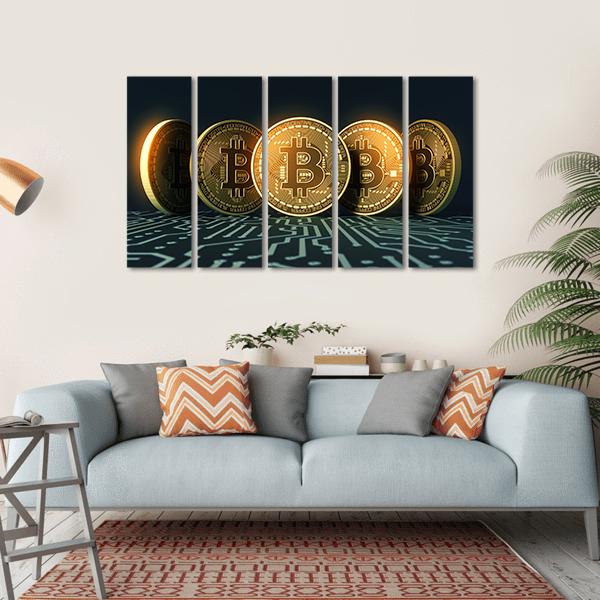 Golden Physical BTC Coins Canvas Wall Art-5 Horizontal-Gallery Wrap-22" x 12"-Tiaracle