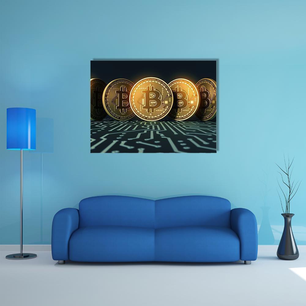 Five Gold Bitcoin Coins on Circuit Board Canvas Wall Art in black, gold and green, single panel hung on a wall