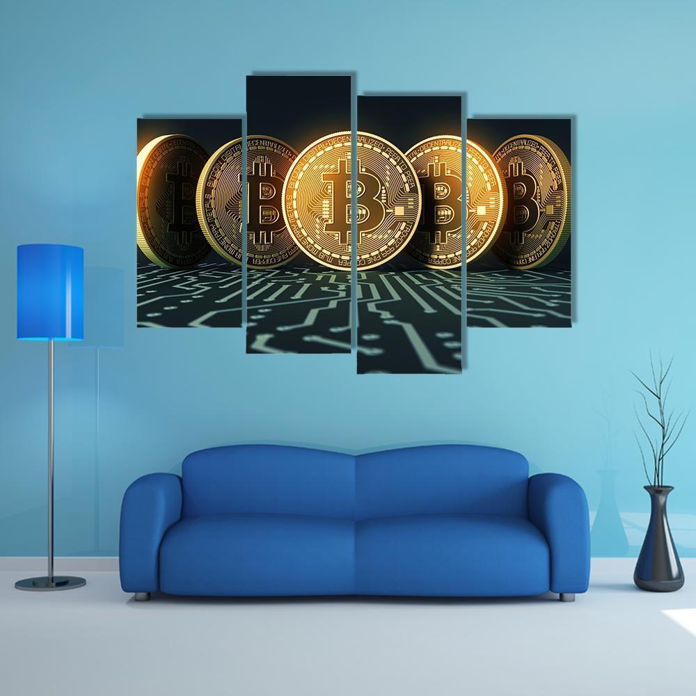 Five Bitcoins Canvas Wall Art-4 Pop-Gallery Wrap-50" x 32"-Tiaracle