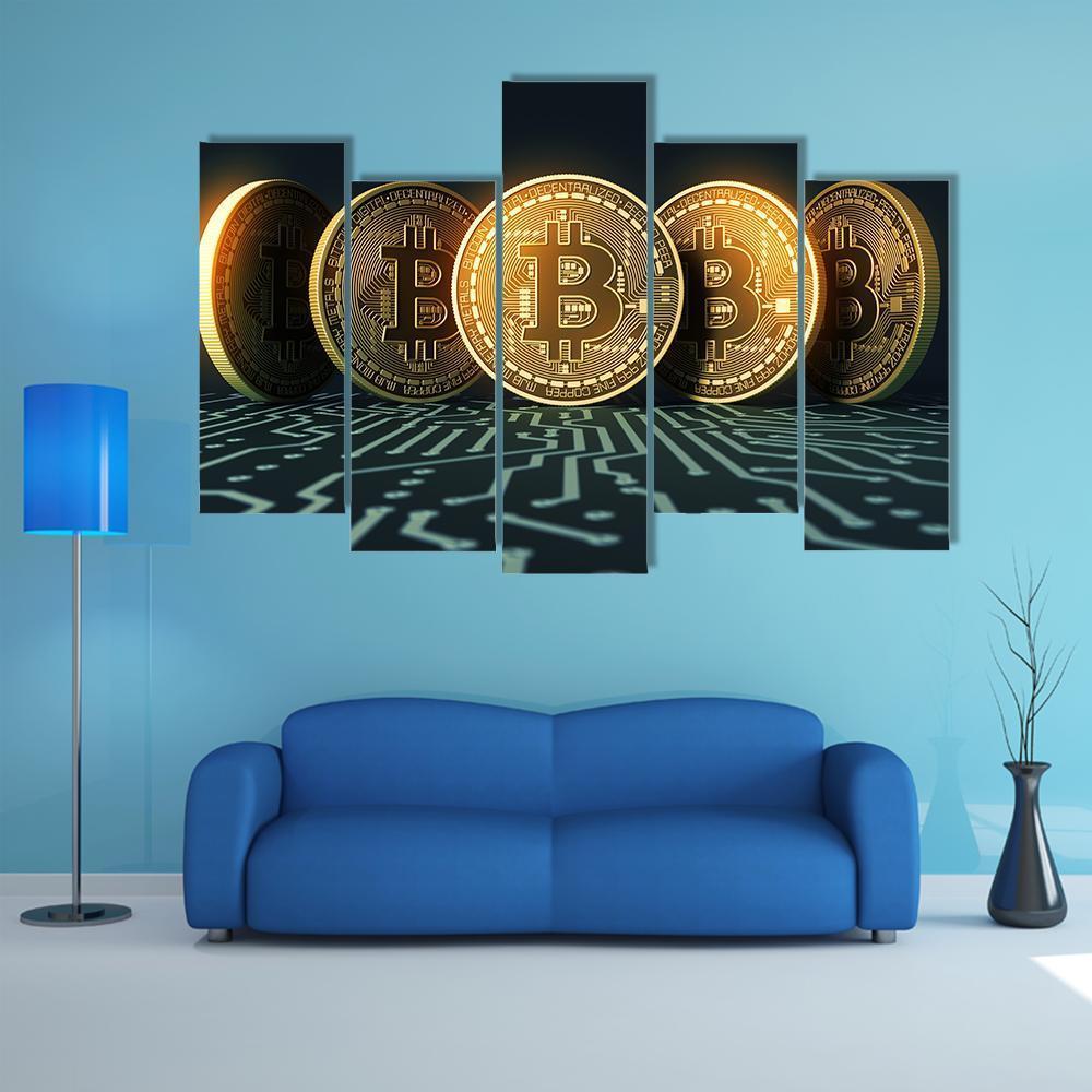 Five Bitcoins Canvas Wall Art-5 Pop-Gallery Wrap-47" x 32"-Tiaracle