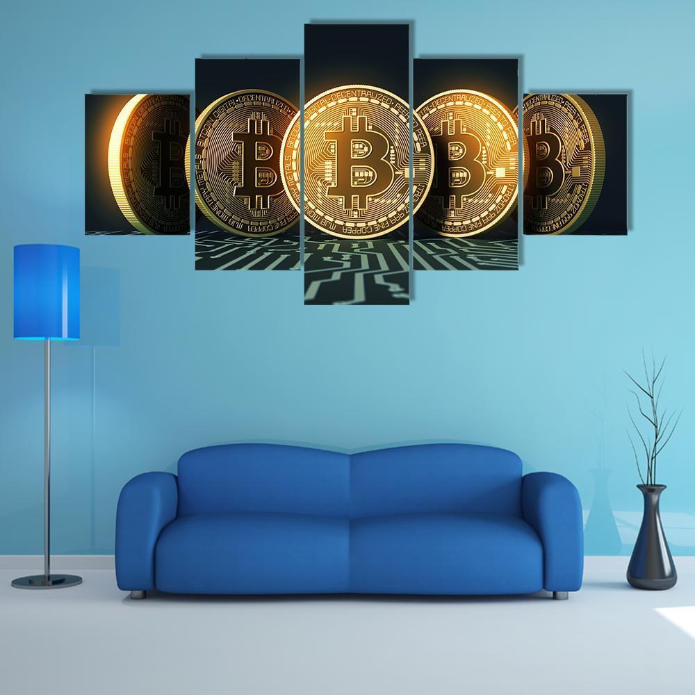 Five Bitcoins Canvas Wall Art-5 Star-Gallery Wrap-62" x 32"-Tiaracle