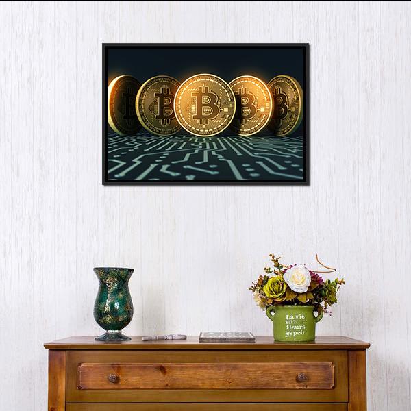 Five Bitcoins Canvas Wall Art-1 Piece-Floating Frame-24" x 16"-Tiaracle
