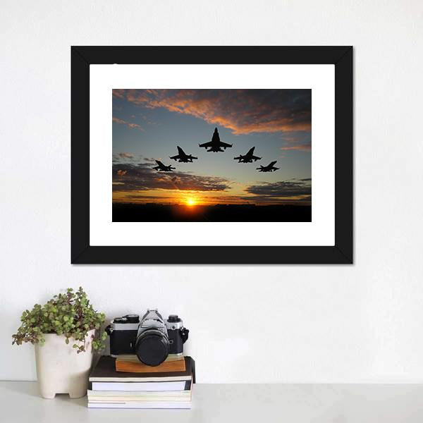 Five Bombers Over Orange Sunset Canvas Wall Art-1 Piece-Framed Print-20" x 16"-Tiaracle
