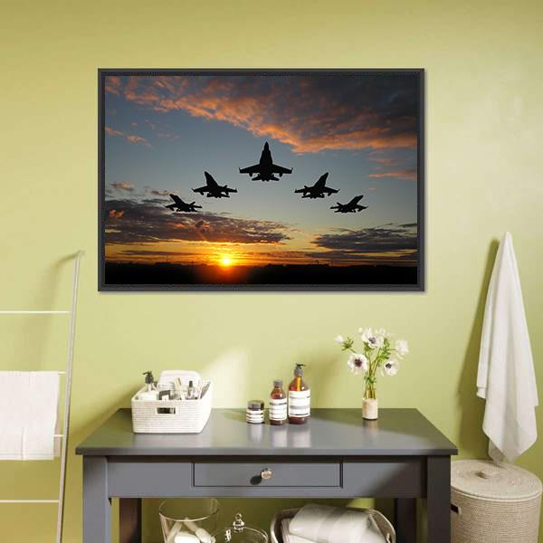 Five Bombers Over Orange Sunset Canvas Wall Art-1 Piece-Floating Frame-24" x 16"-Tiaracle