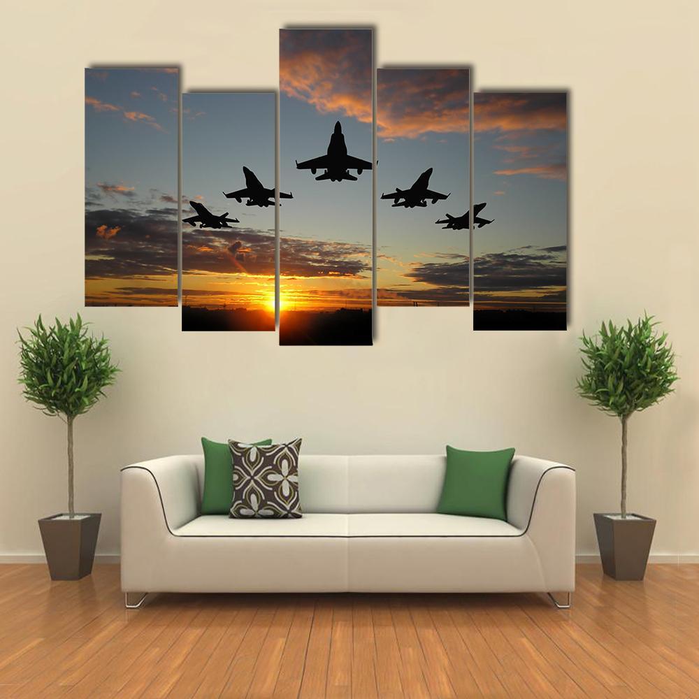 Five Bombers Over Orange Sunset Canvas Wall Art-5 Pop-Gallery Wrap-47" x 32"-Tiaracle