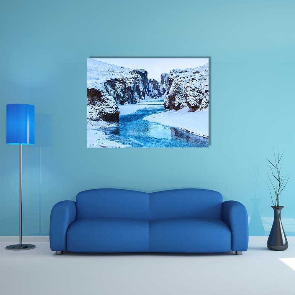 Fjadra River in Winter Canvas Wall Art in white, gray and blue, single panel hung on a wall