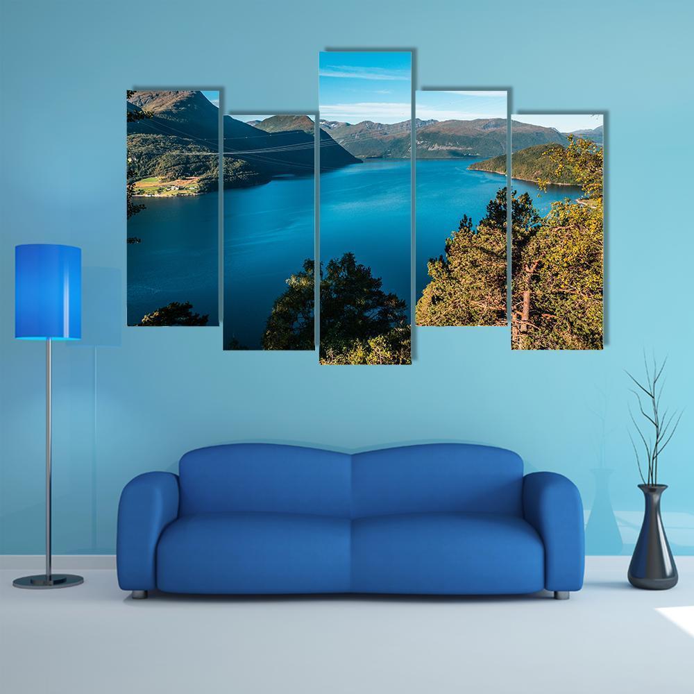 Fjord With Mountains Canvas Wall Art-5 Pop-Gallery Wrap-47" x 32"-Tiaracle