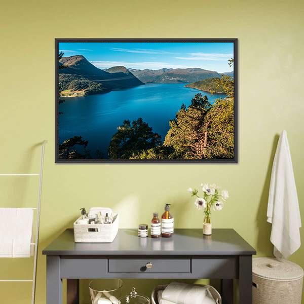 Fjord With Mountains Canvas Wall Art-1 Piece-Floating Frame-24" x 16"-Tiaracle