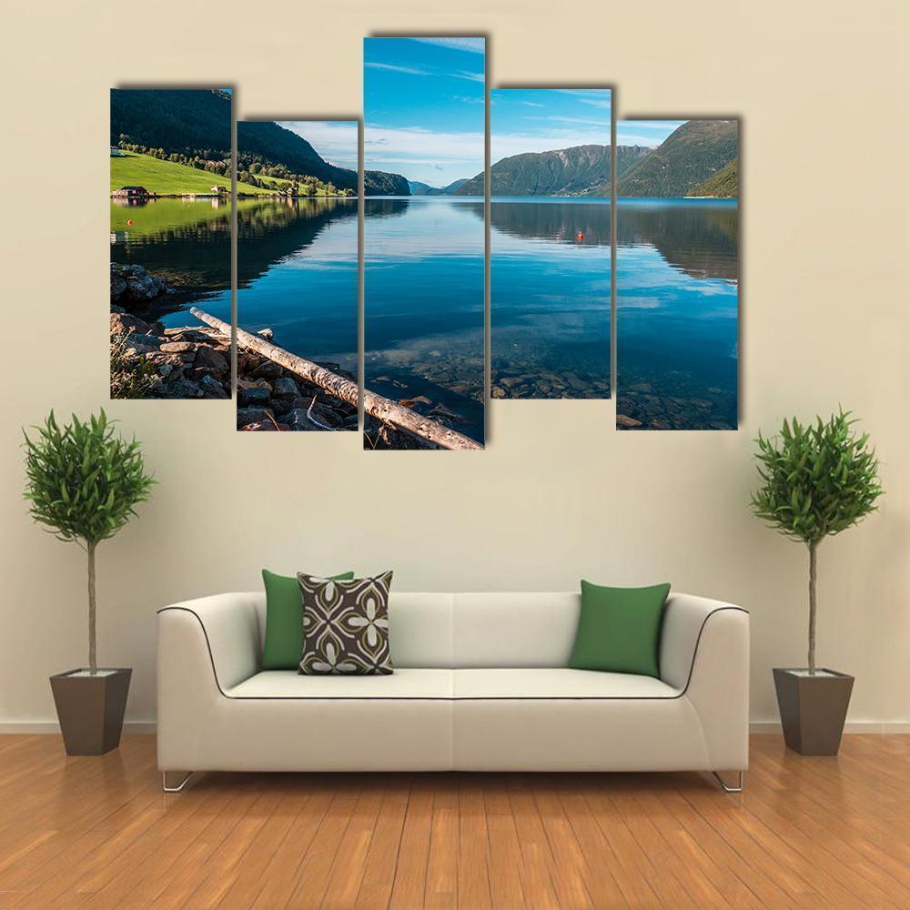Fjord With Mountains Norway Canvas Wall Art-5 Pop-Gallery Wrap-47" x 32"-Tiaracle