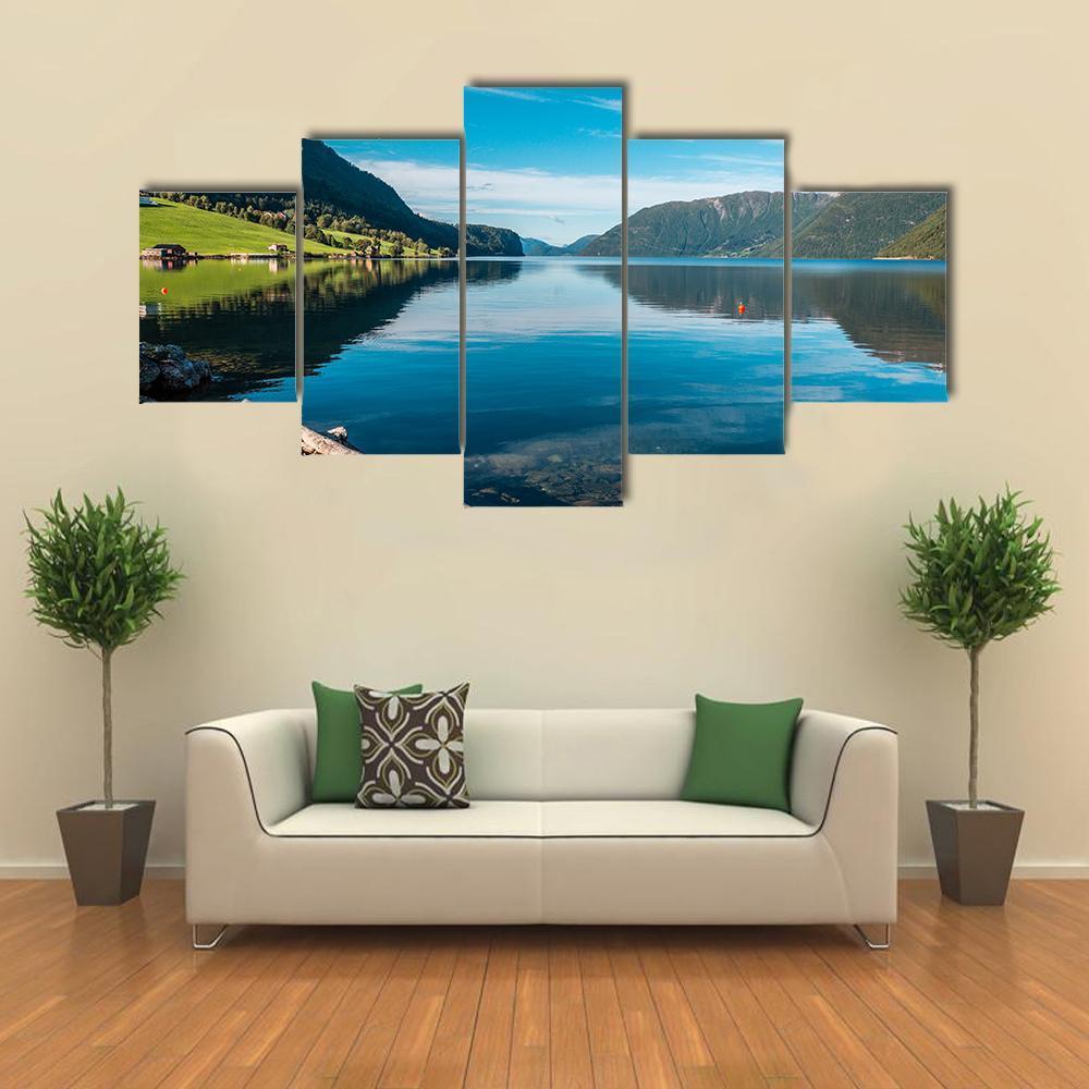 Fjord With Mountains Norway Canvas Wall Art-5 Star-Gallery Wrap-62" x 32"-Tiaracle