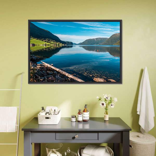 Fjord With Mountains Norway Canvas Wall Art-1 Piece-Floating Frame-24" x 16"-Tiaracle