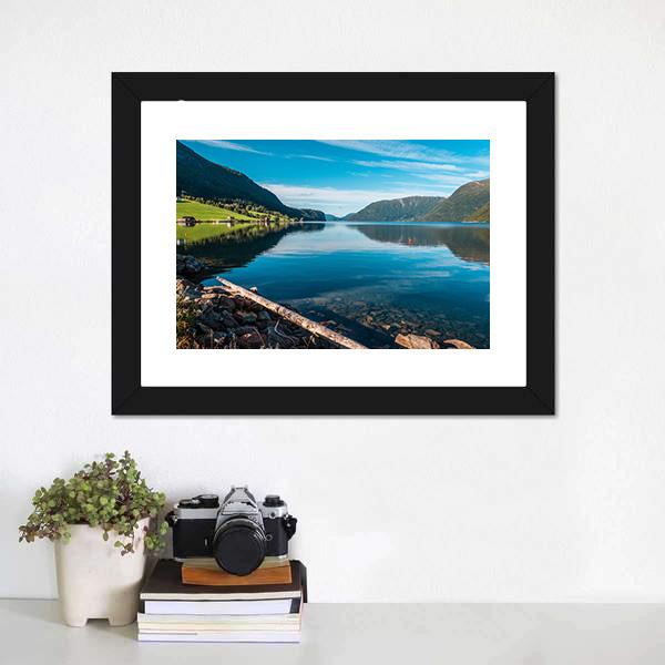 Fjord With Mountains Norway Canvas Wall Art-1 Piece-Framed Print-20" x 16"-Tiaracle