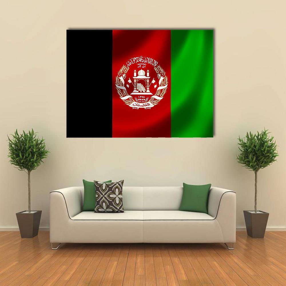 Afghanistan Flag with Emblem Canvas Wall Art in black, red and green, single panel hung on a wall