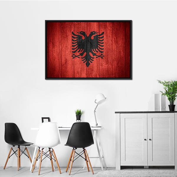 Albanian Flag on Wooden Planks Canvas Wall Art in black and red, framed canvas, product view on a white background