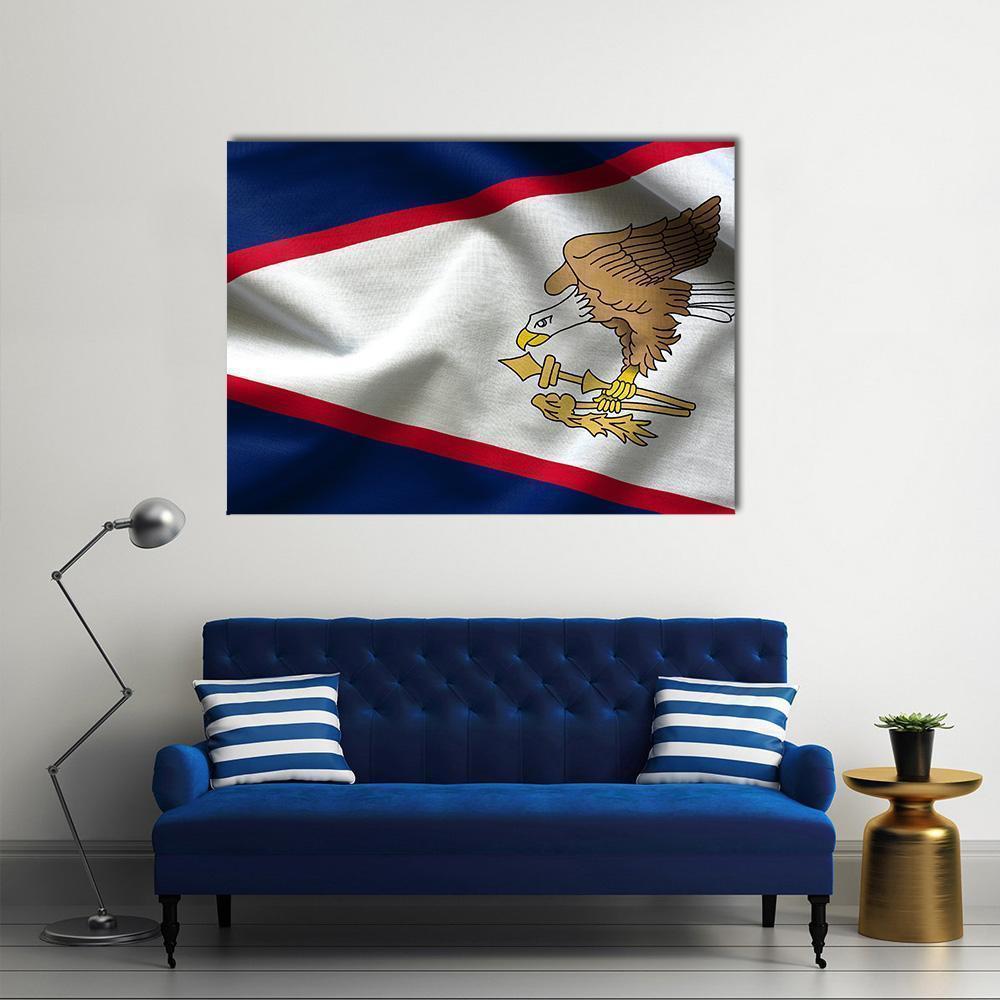 American Samoa Flag with Eagle Emblem Canvas Wall Art in white, red and blue, single panel hung on a wall