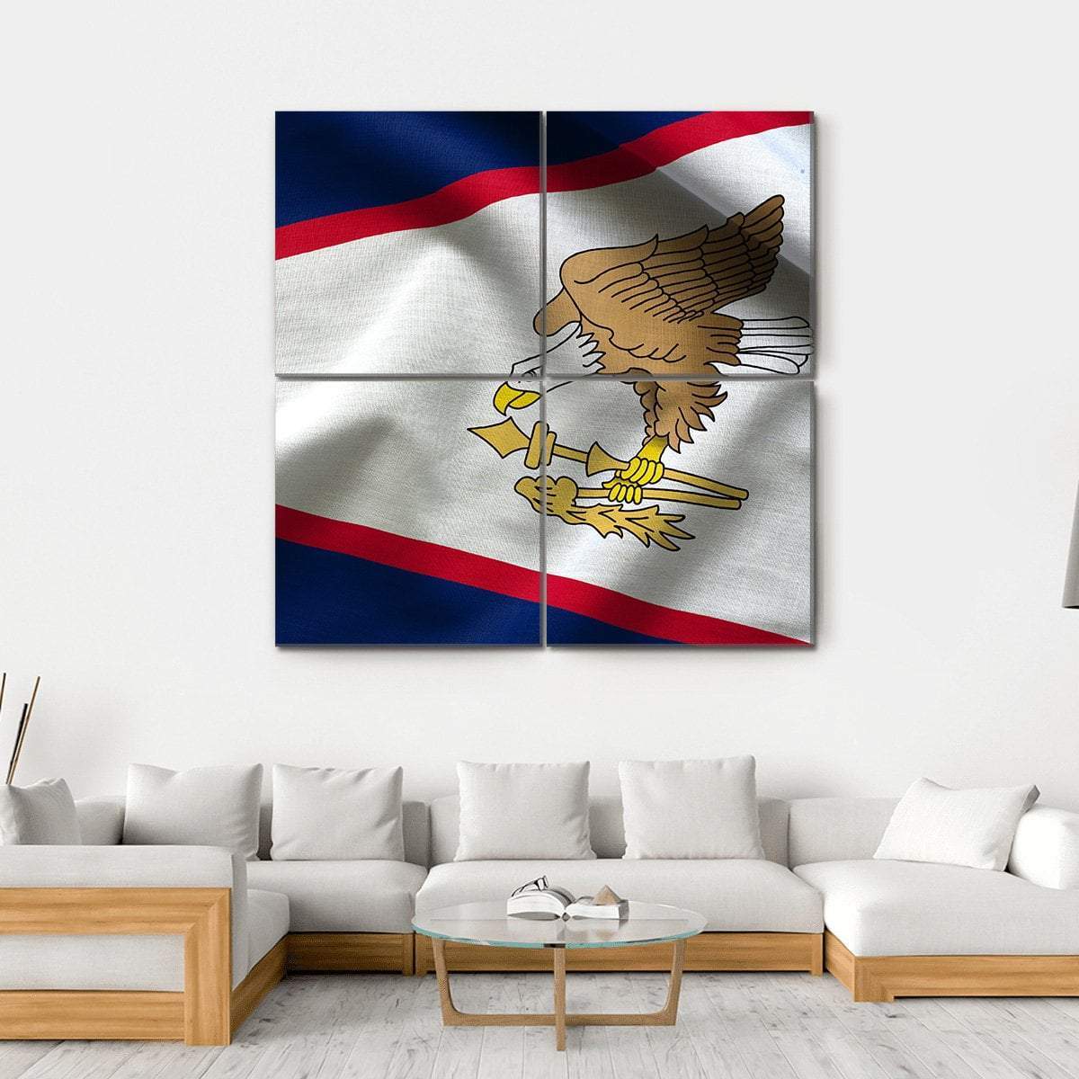 American Samoa Flag with Eagle Emblem Canvas Wall Art in white, red and blue, hung on a wall