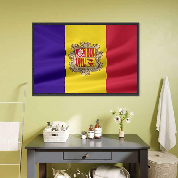 Flag Of Andorra Canvas Wall Art-1 Piece-Floating Frame-24" x 16"-Tiaracle