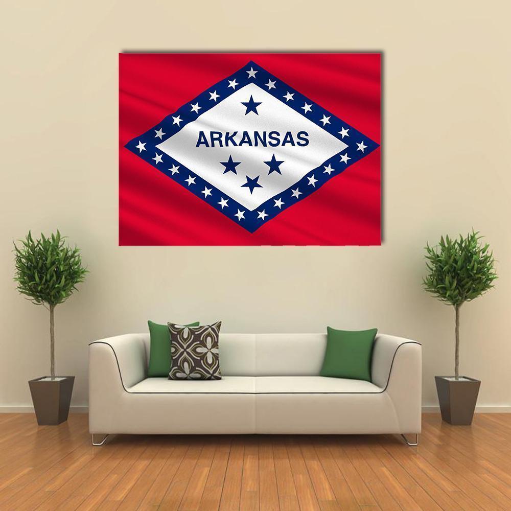 Arkansas State Flag with Diamond Emblem Canvas Wall Art in white, red and blue, single panel hung on a wall