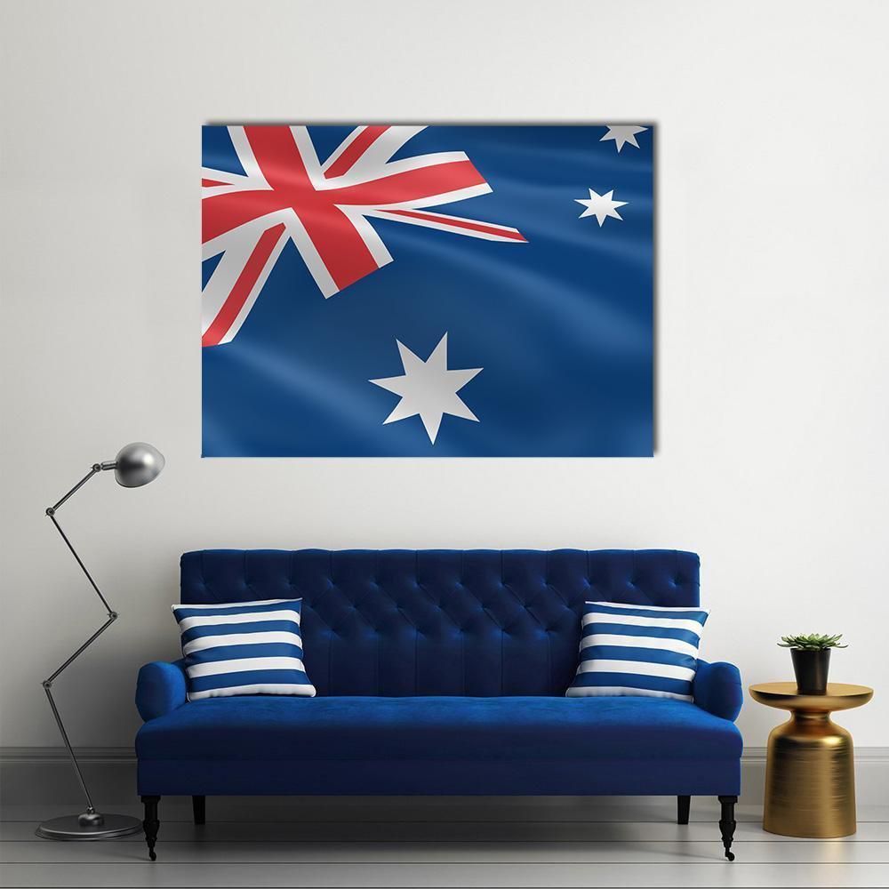 Australian Flag Australia Canvas Wall Art in white, red and blue, single panel hung on a wall