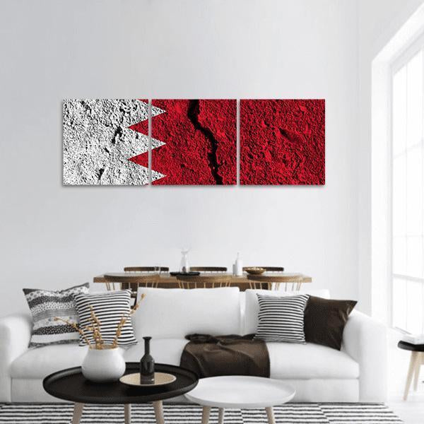 Cracked Bahrain Flag Panoramic Canvas Wall Art in white and red, hung on a wall