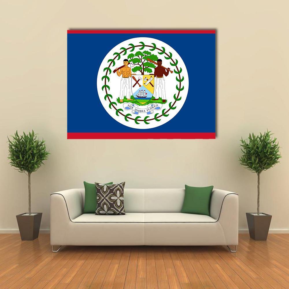 Flag of Belize Canvas Wall Art in white, red and blue, single panel hung on a wall