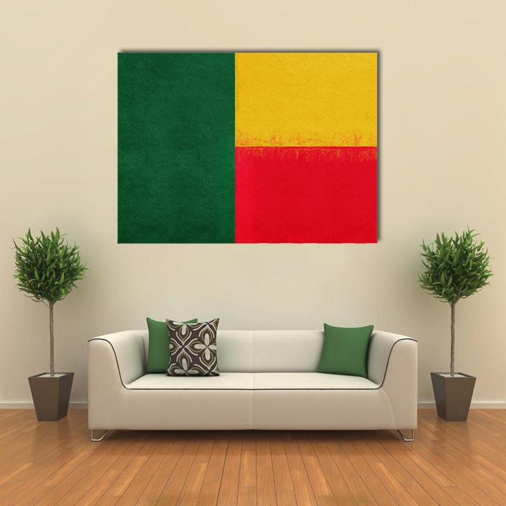 Benin Flag Modern Geometric Canvas Wall Art in red, yellow and green, single panel hung on a wall