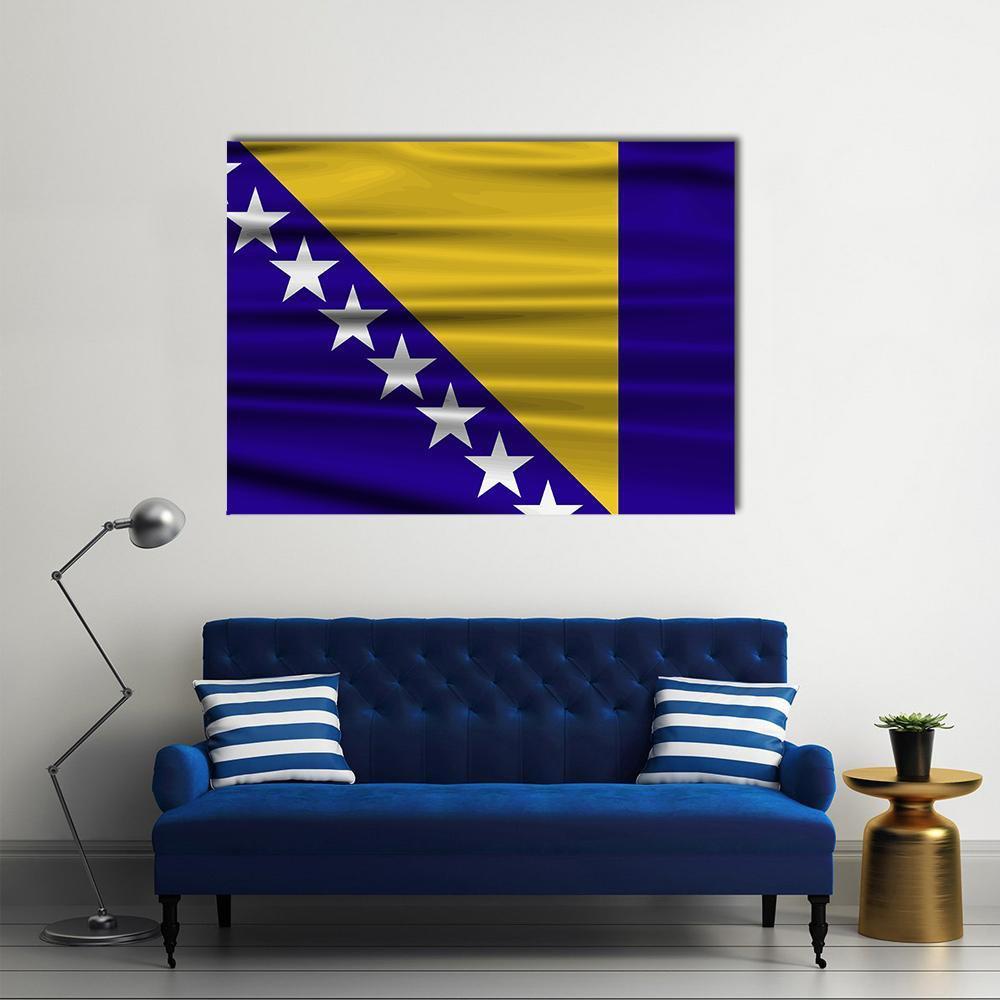 Bosnia and Herzegovina Flag Canvas Wall Art in white, yellow and blue, single panel hung on a wall