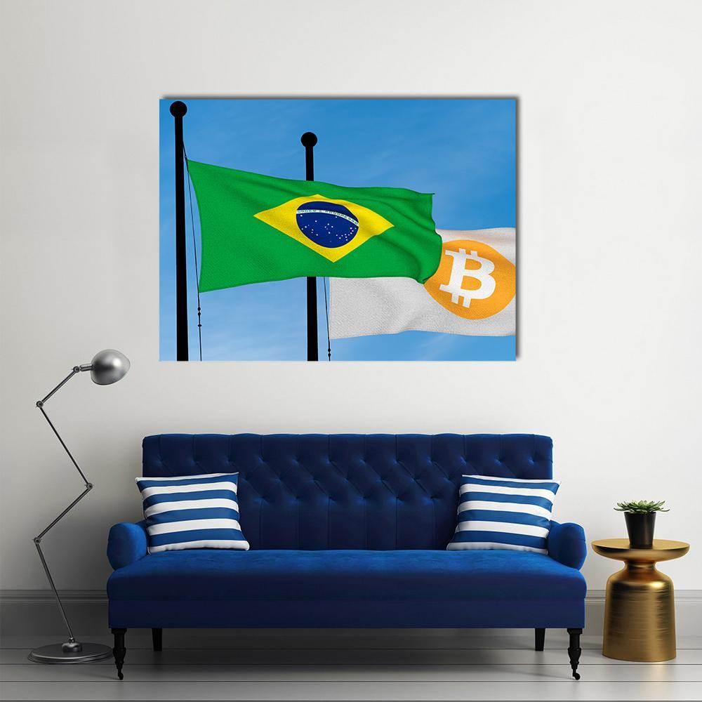 Flag Of Brazil &amp; Bitcoin Canvas Wall Art-1 Piece-Gallery Wrap-36" x 24"-Tiaracle