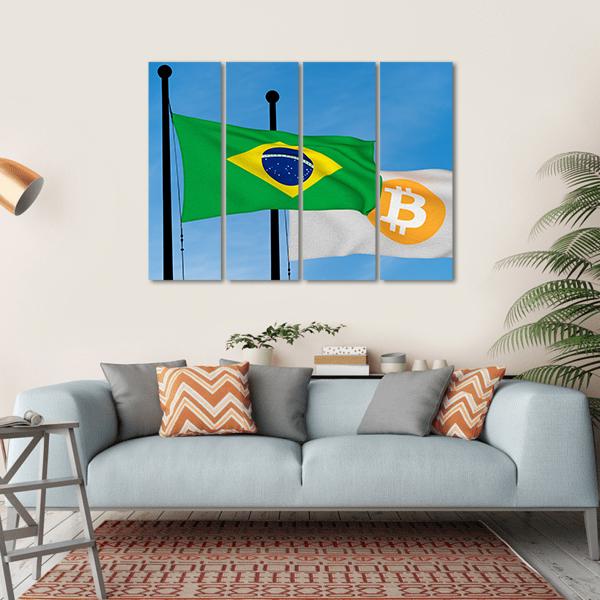 Flag Of Brazil &amp; Bitcoin Canvas Wall Art-4 Horizontal-Gallery Wrap-34" x 24"-Tiaracle