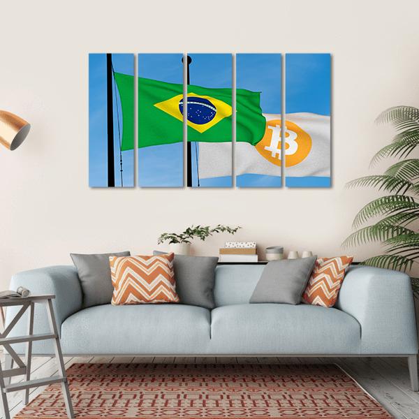 Flag Of Brazil & Bitcoin Canvas Wall Art-5 Horizontal-Gallery Wrap-22" x 12"-Tiaracle